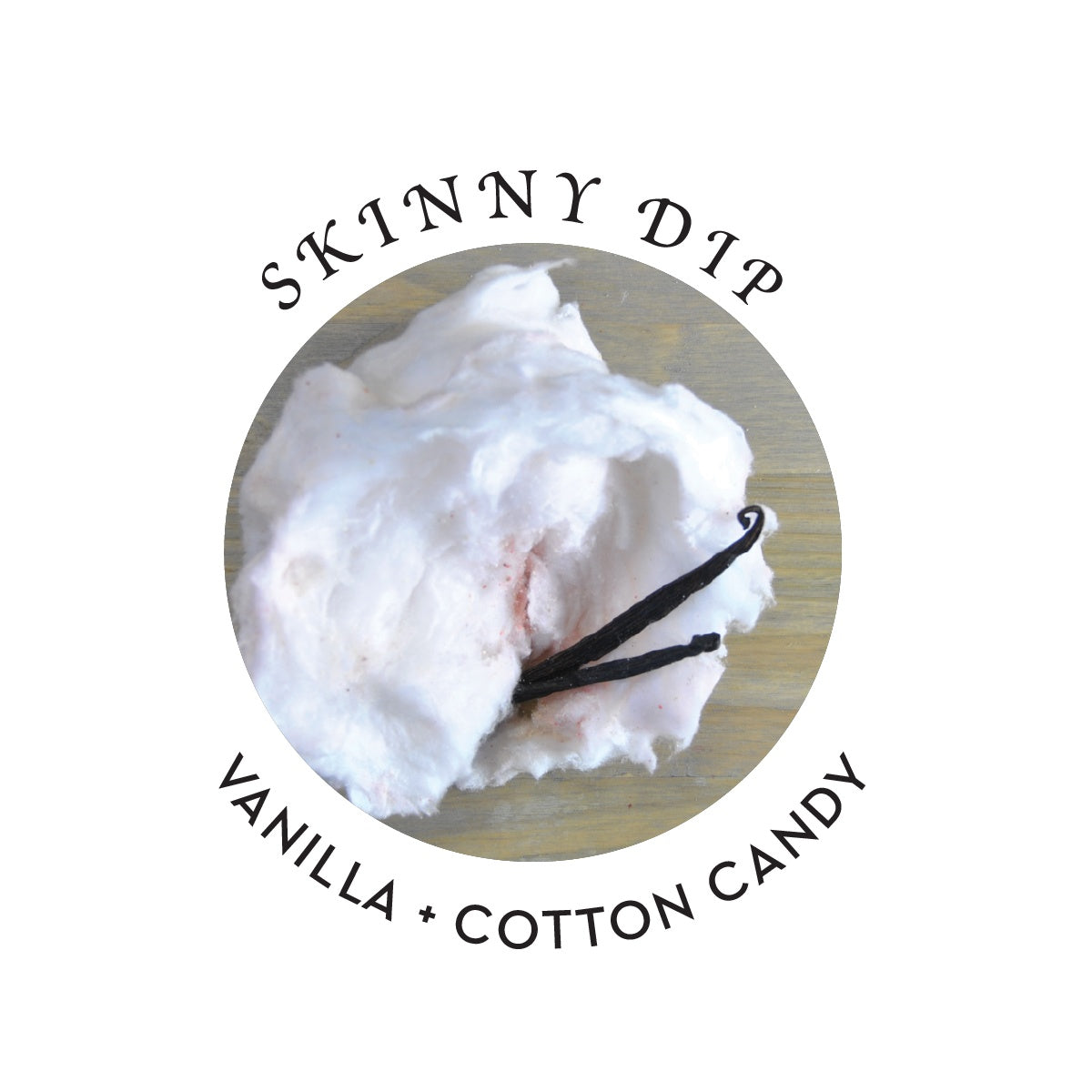 Cotton candy and vanilla beans with text "Skinny Dip Vanilla + Cotton Candy".