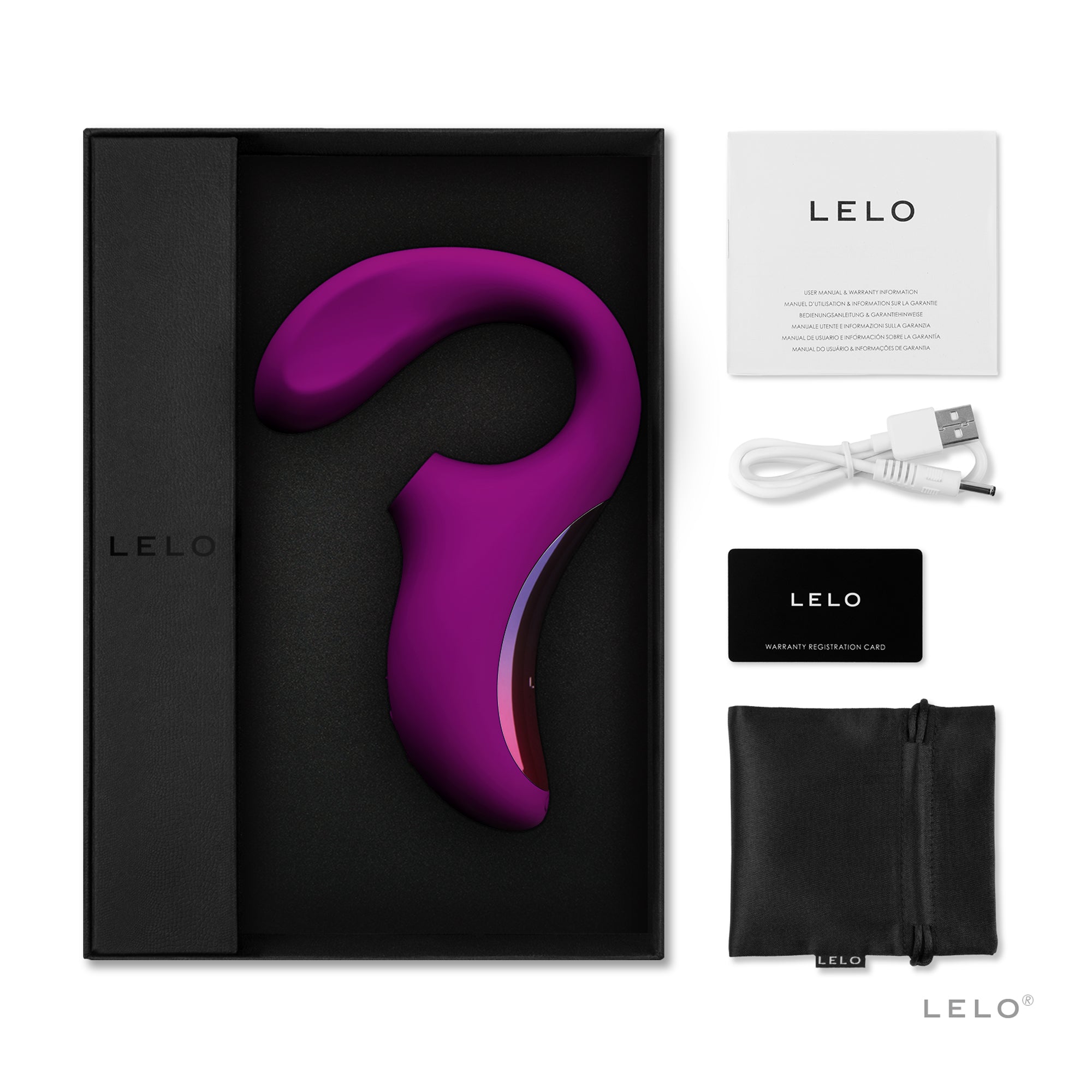 A deep rose Enigma dual-action sonic G-spot massager by Lelo in its box with accessories.