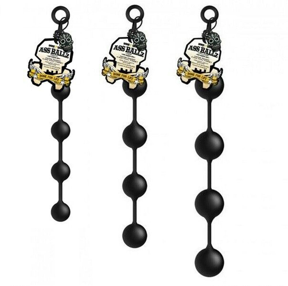 Three black silicone anal bead chains with skull-themed packaging.