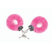 Pink faux fur lined metal handcuffs with two keys.