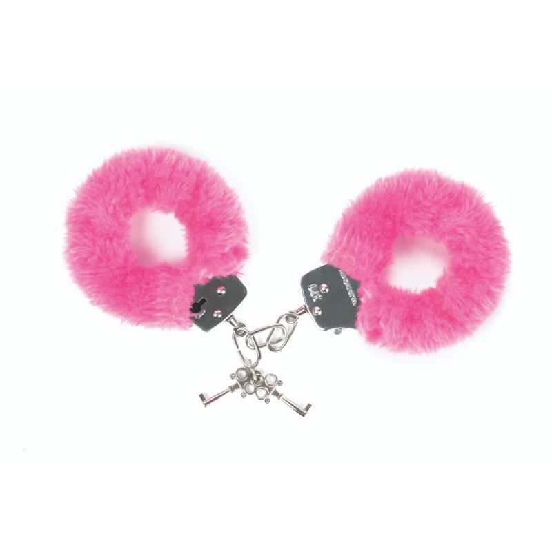 Pink faux fur lined metal handcuffs with two keys.