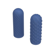 Two blue silicone strokers, one with spiral ridges and one with raised bumps.