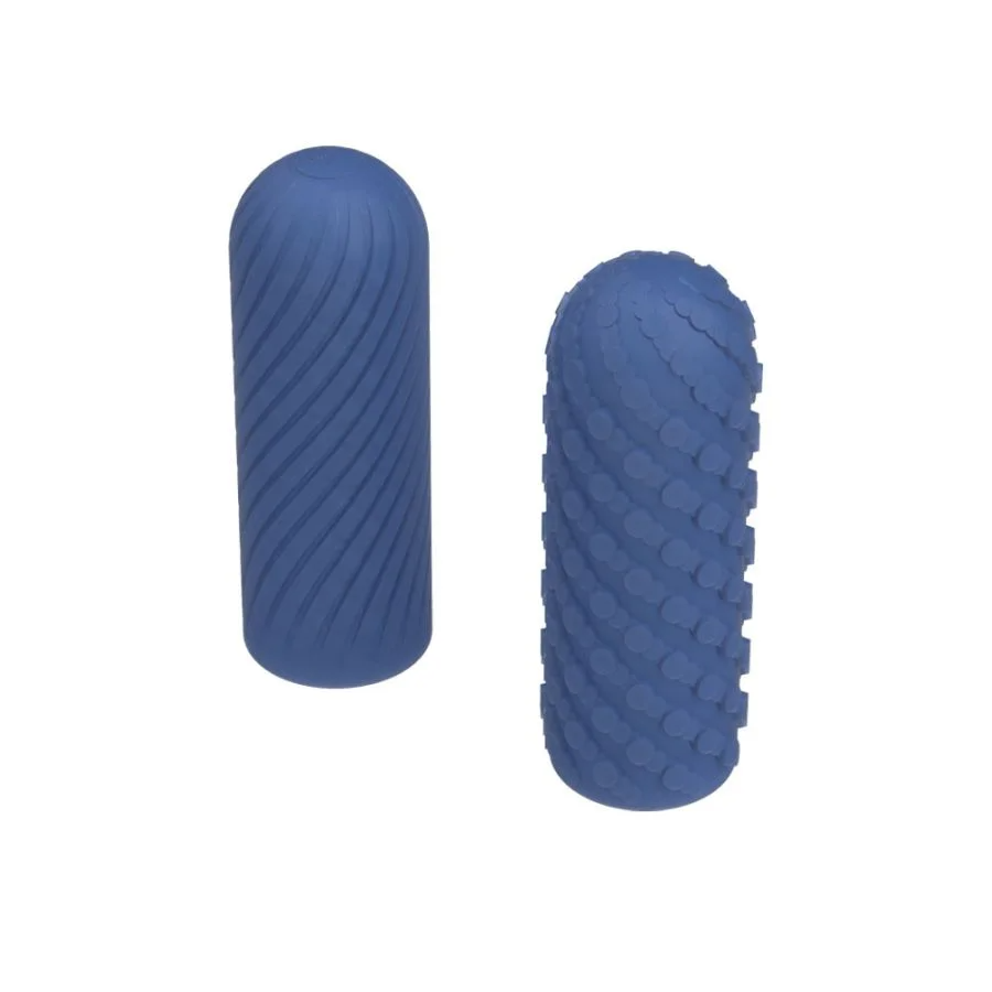 Two blue silicone strokers, one with spiral ridges and one with raised bumps.
