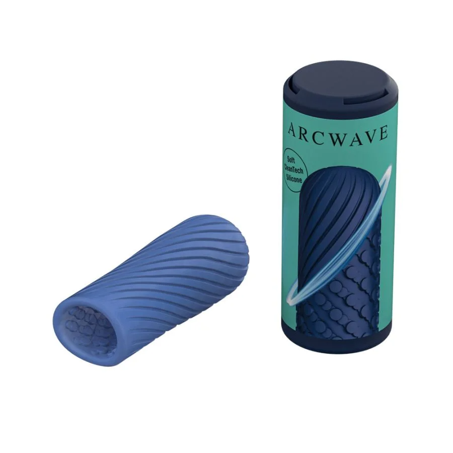 Blue reversible silicone stroker with textured interior and exterior, next to its storage case.