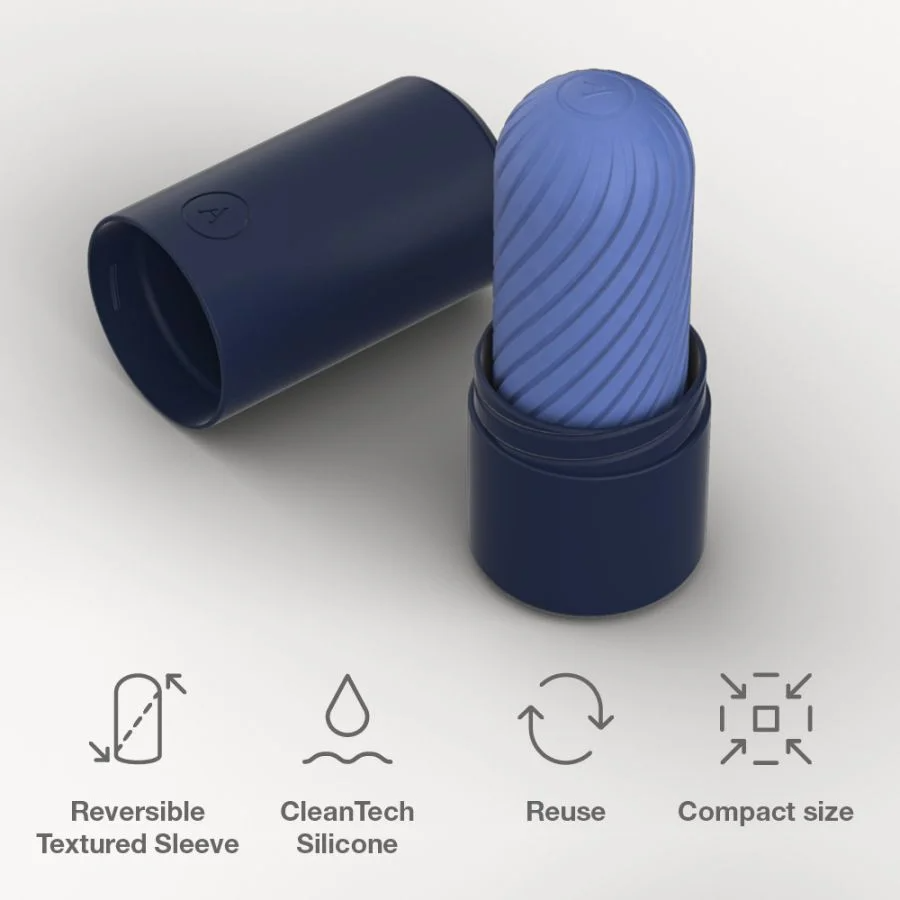 Blue reversible silicone textured stroker with a dark blue case and icons for features.