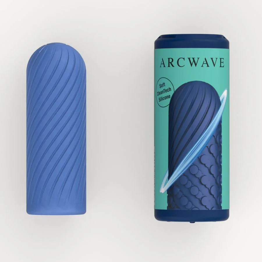 Blue silicone stroker with spiral texture, shown with and without packaging.