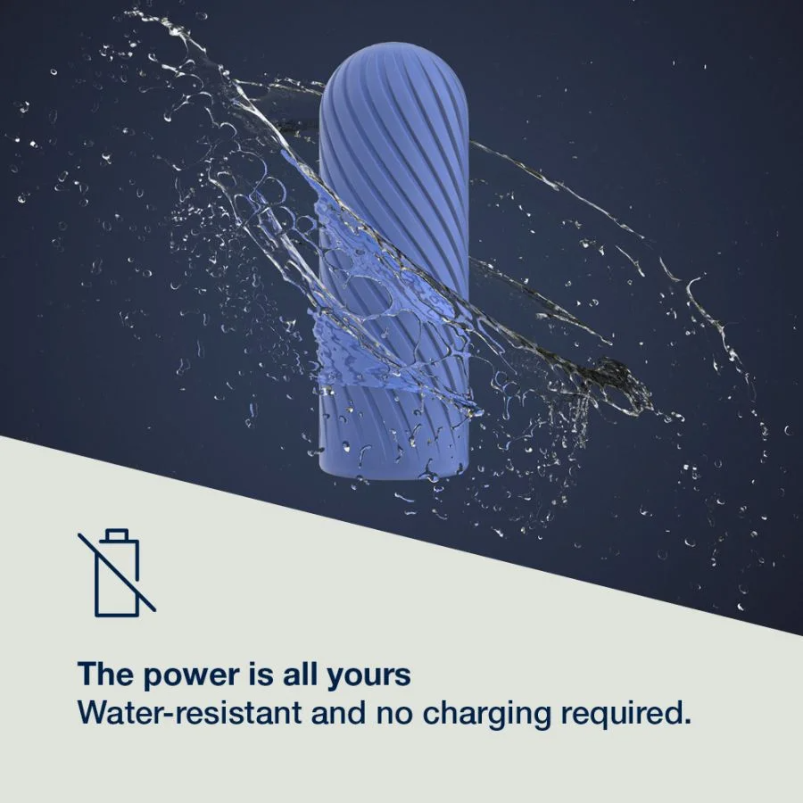 Blue silicone stroker with water splashes and a no charging icon.