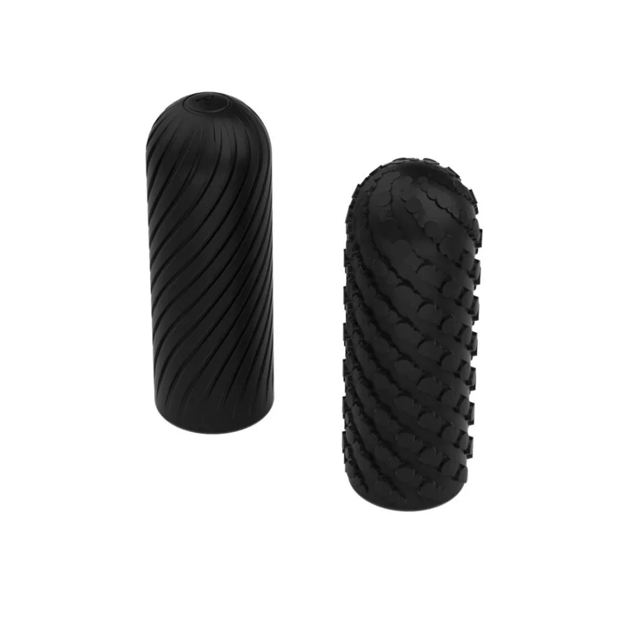 Two black silicone strokers with different textured surfaces.
