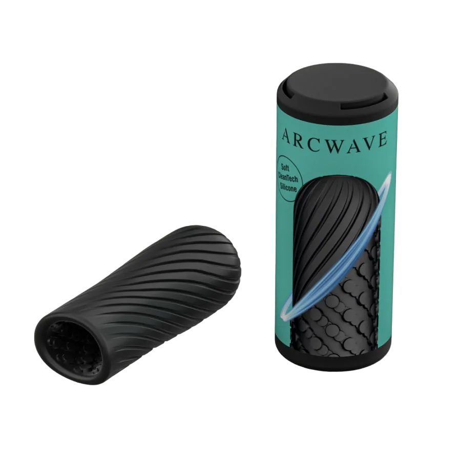 Black silicone stroker with textured interior and exterior, next to its teal packaging.