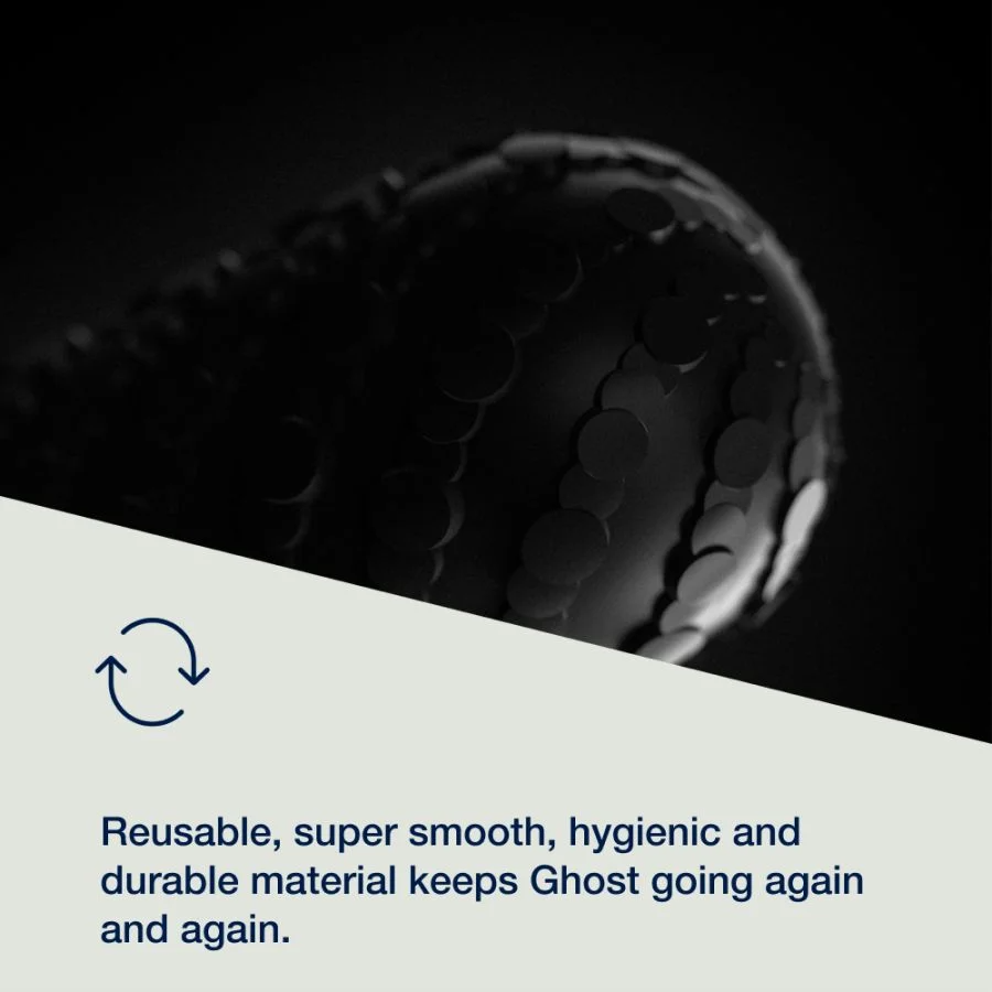 Black silicone stroker with textured surface and reusable design.
