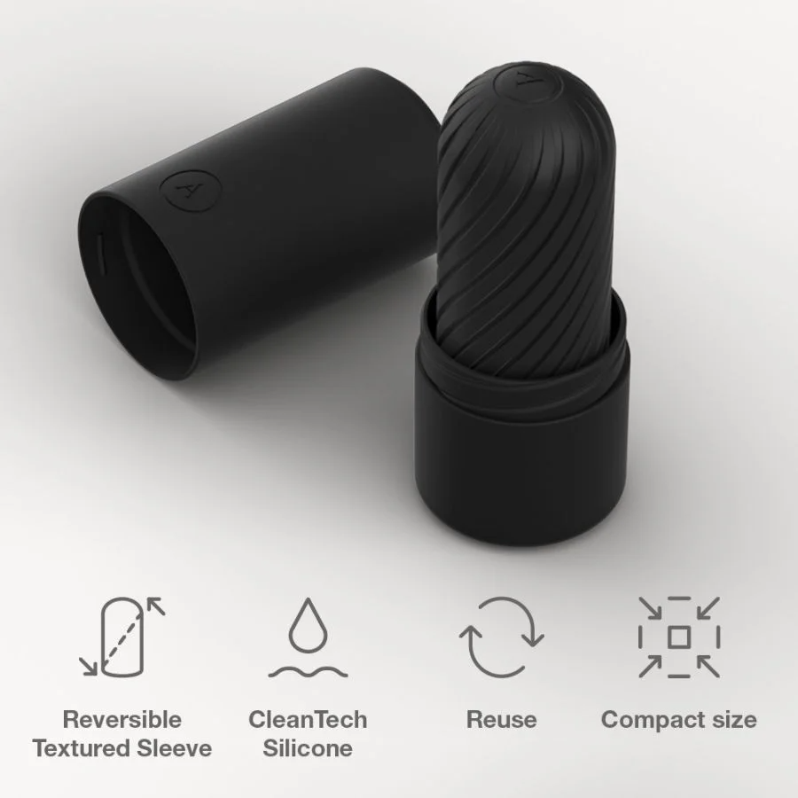 Black silicone stroker with a reversible textured sleeve and storage case.