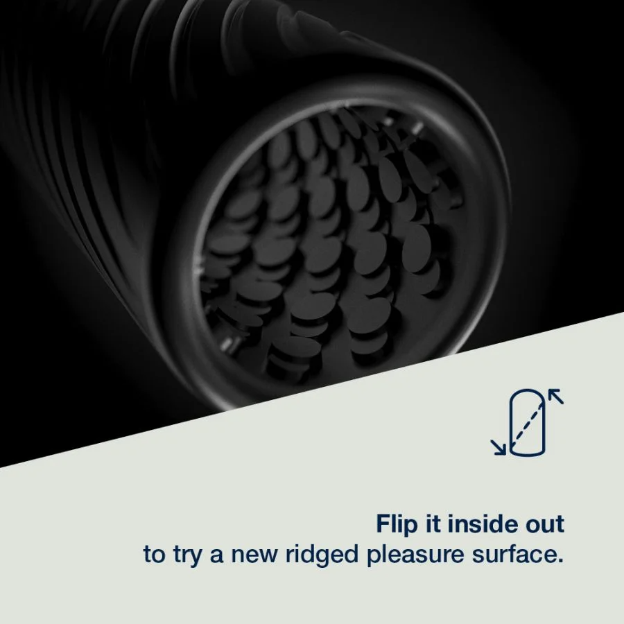Black silicone stroker with a textured interior, designed to be flipped for varied sensations.