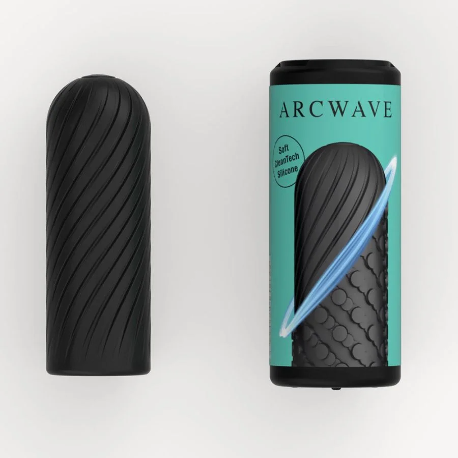 Black silicone stroker with ribbed texture and teal packaging.