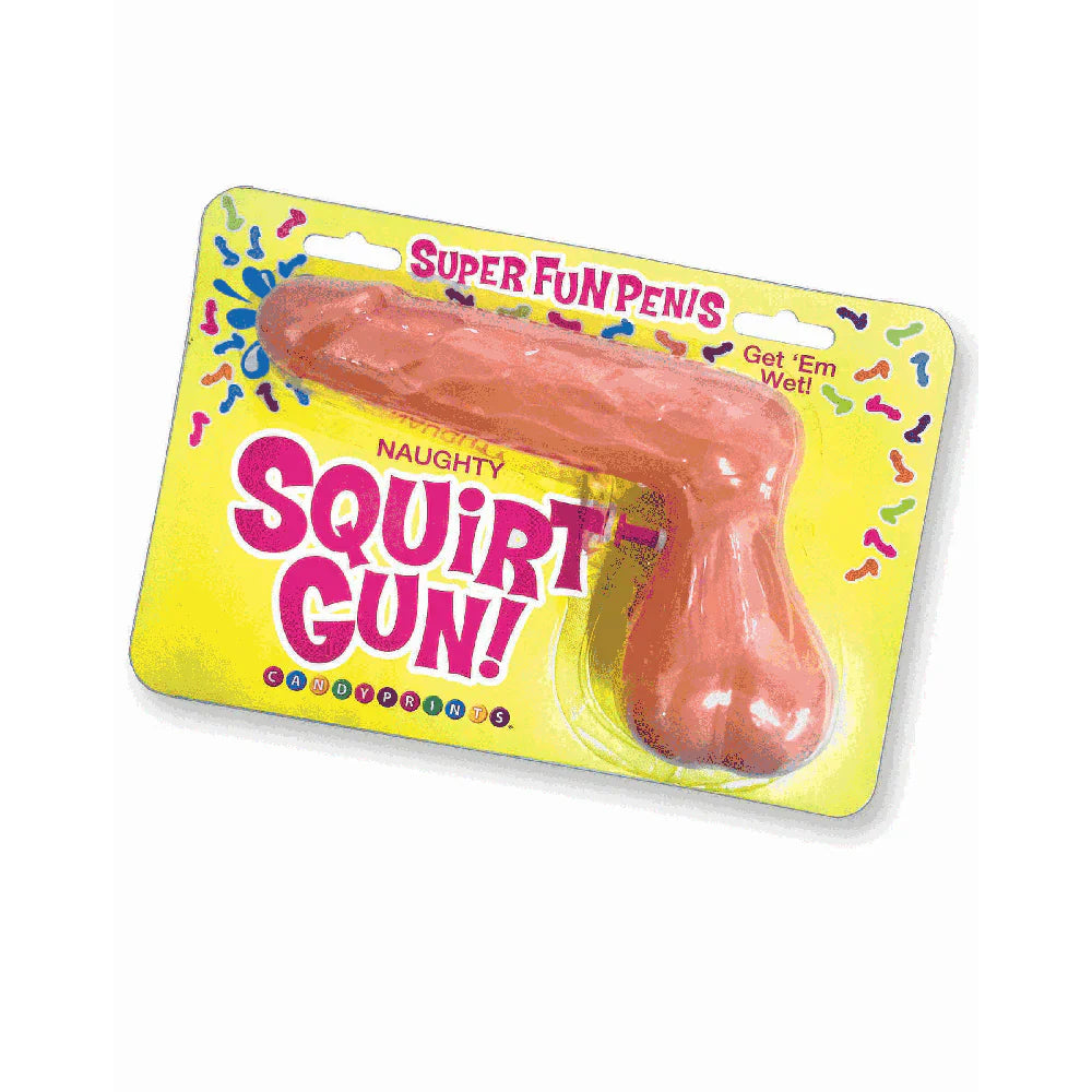 Novelty penis-shaped squirt gun in yellow packaging for bachelorette parties.