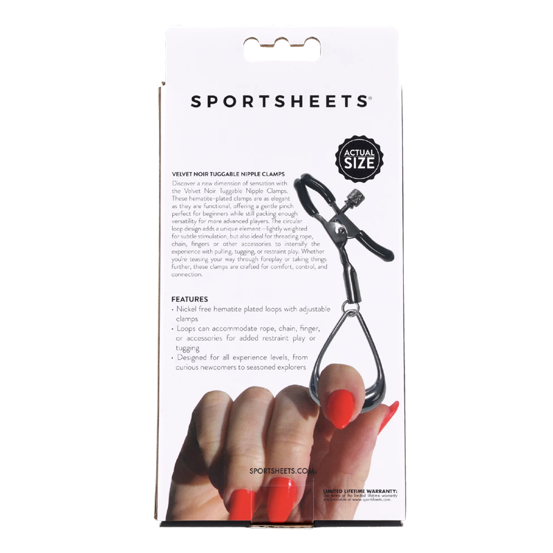 Sportsheets Tuggable Nipple Clamps with hematite loops.