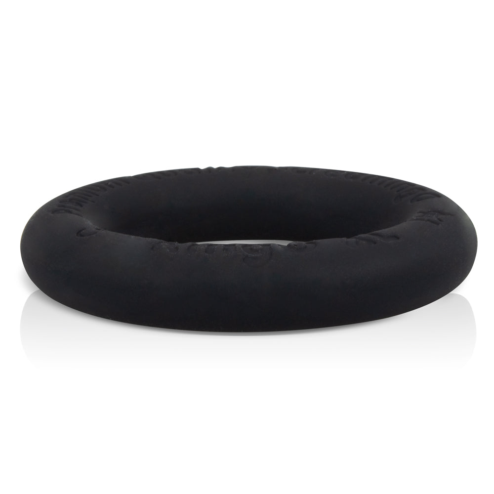 Black liquid silicone cock ring with embossed text.
