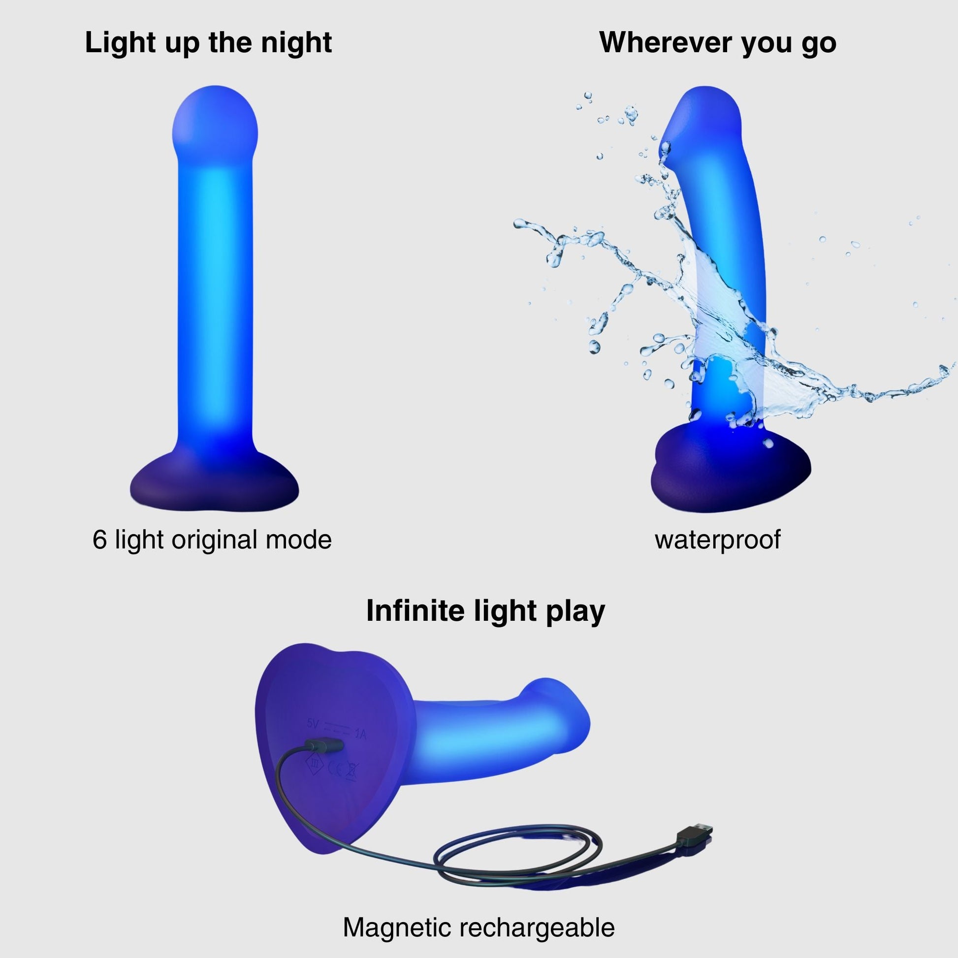 Purple silicone LED dildo with 6 light modes, waterproof, and magnetic rechargeable base.