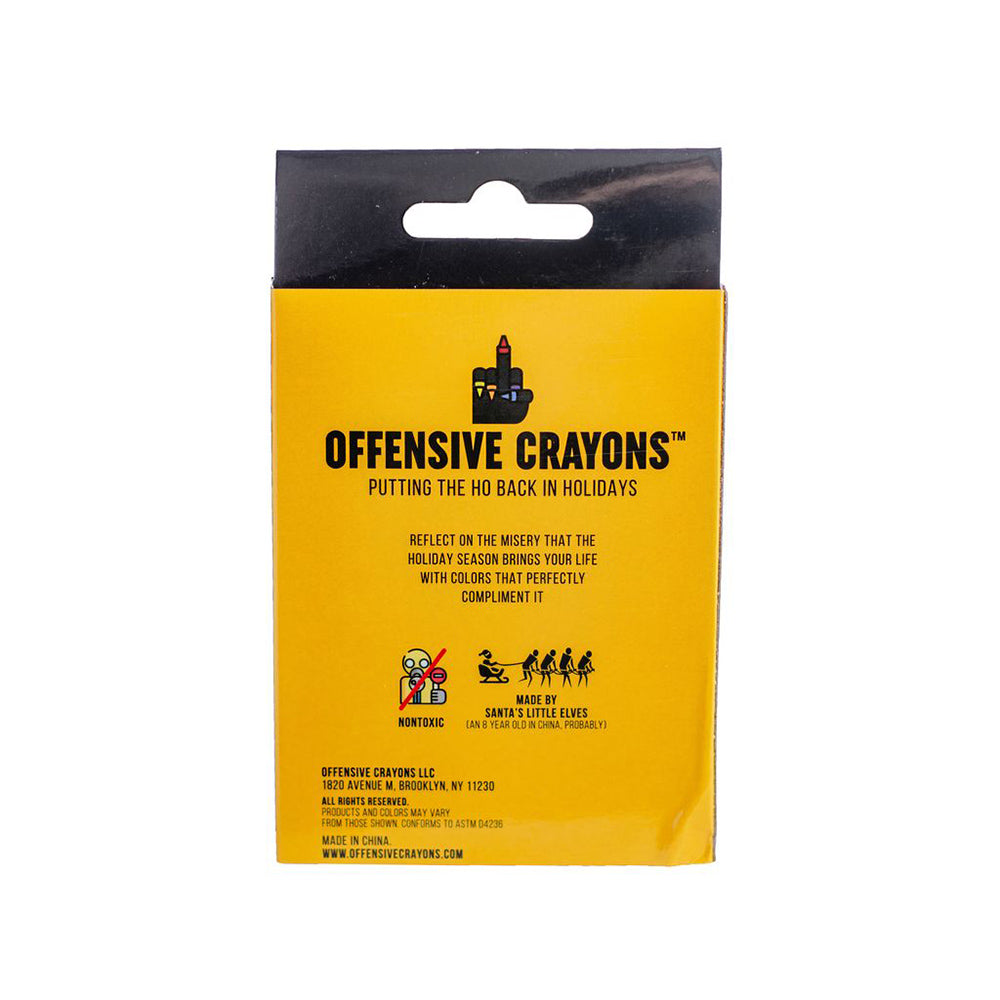 Box of Offensive Crayons with a middle finger graphic and holiday-themed text.