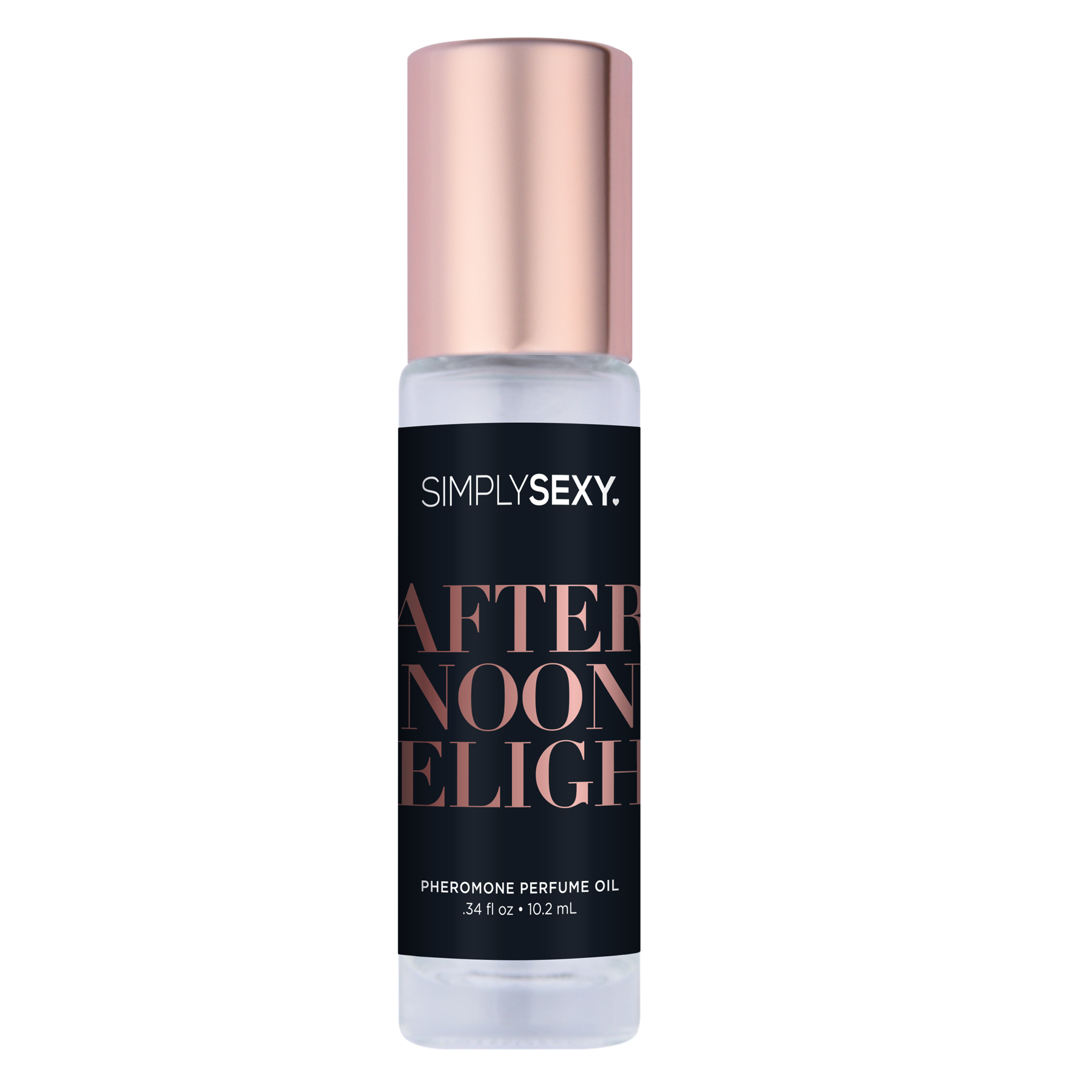 Simply Sexy Afternoon Delight Pheromone Perfume Oil roll-on with rose gold cap.