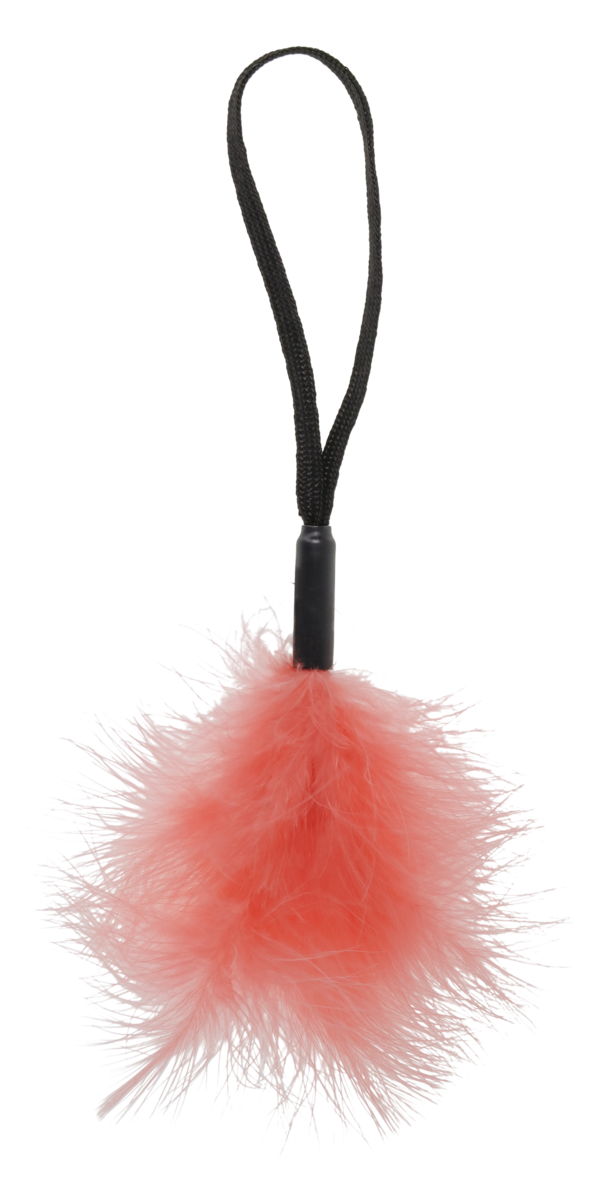 Peach feather tickler with a black wrist loop.