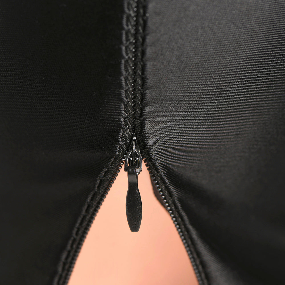 Black spandex fetish hood with a zipper closure.