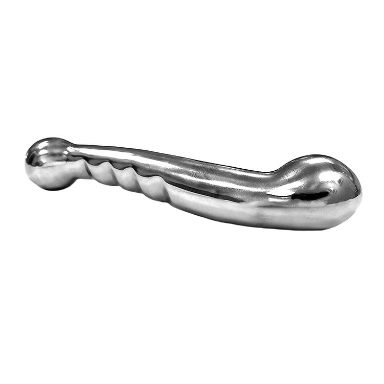 Curved stainless steel dildo with textured shaft and rounded ends.