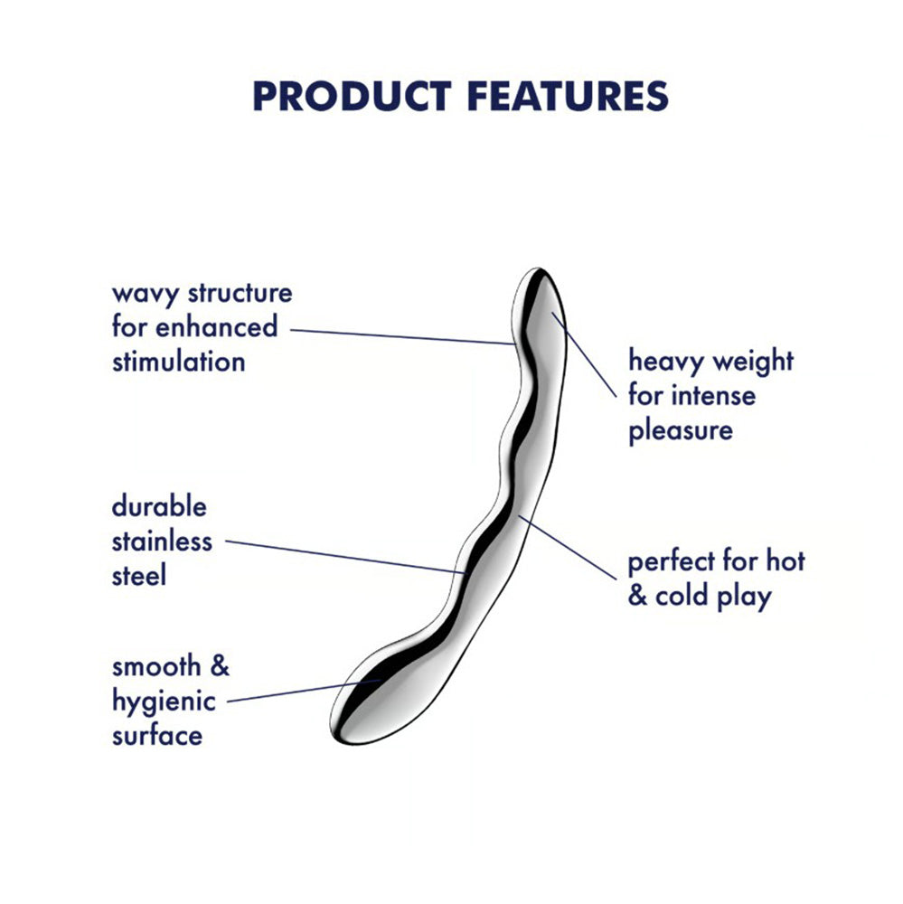 A curved stainless steel dildo with wavy texture and heavy weight.