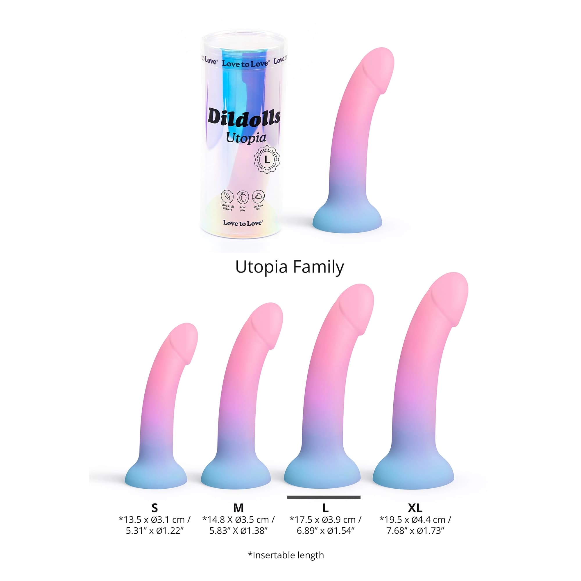 Utopia Curved Liquid Silicone Dildos in gradient pink to blue, sizes S to XL with suction bases.