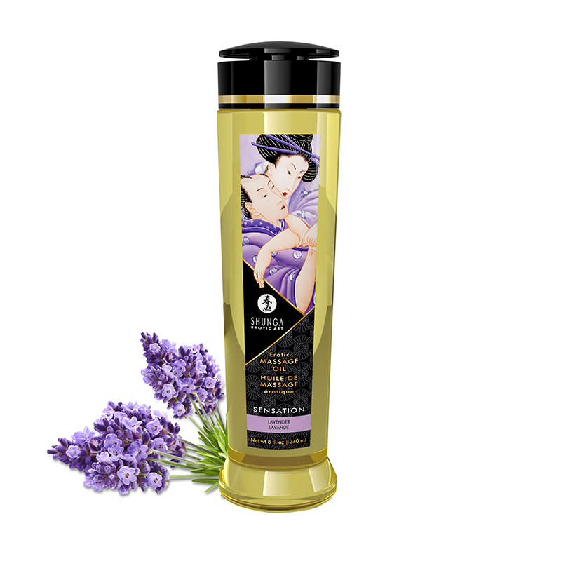 Shunga Lavender & Sensation massage oil bottle with lavender sprigs.