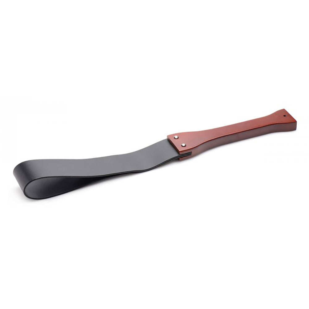 Wooden slapper with a curved PU leather strap and a polished wooden handle.