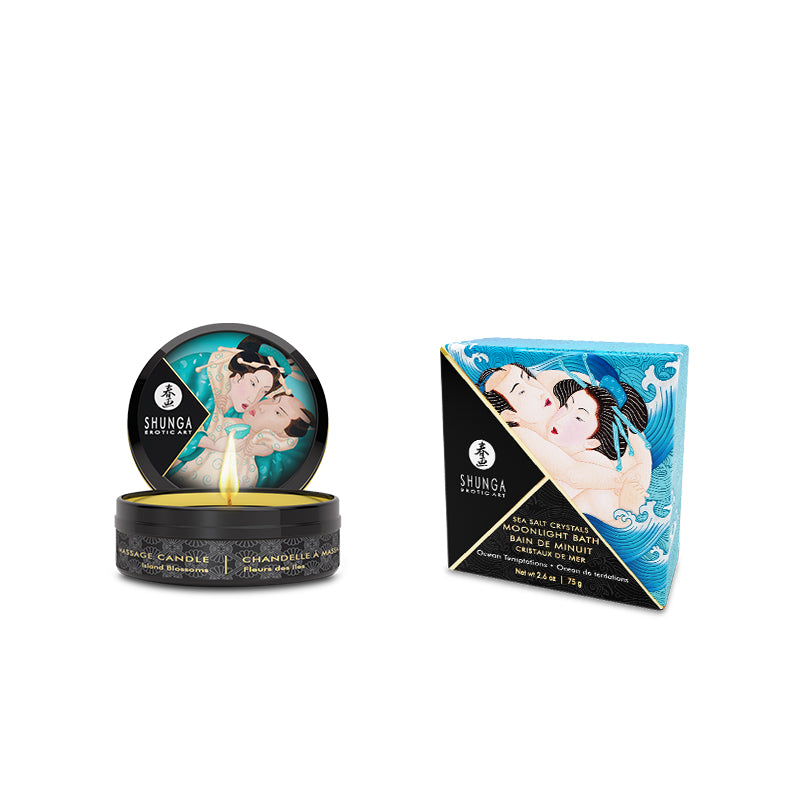 Shunga massage candle and bath crystals gift set with erotic art.