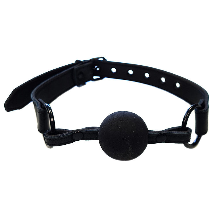 Black leather ball gag with adjustable buckle strap.