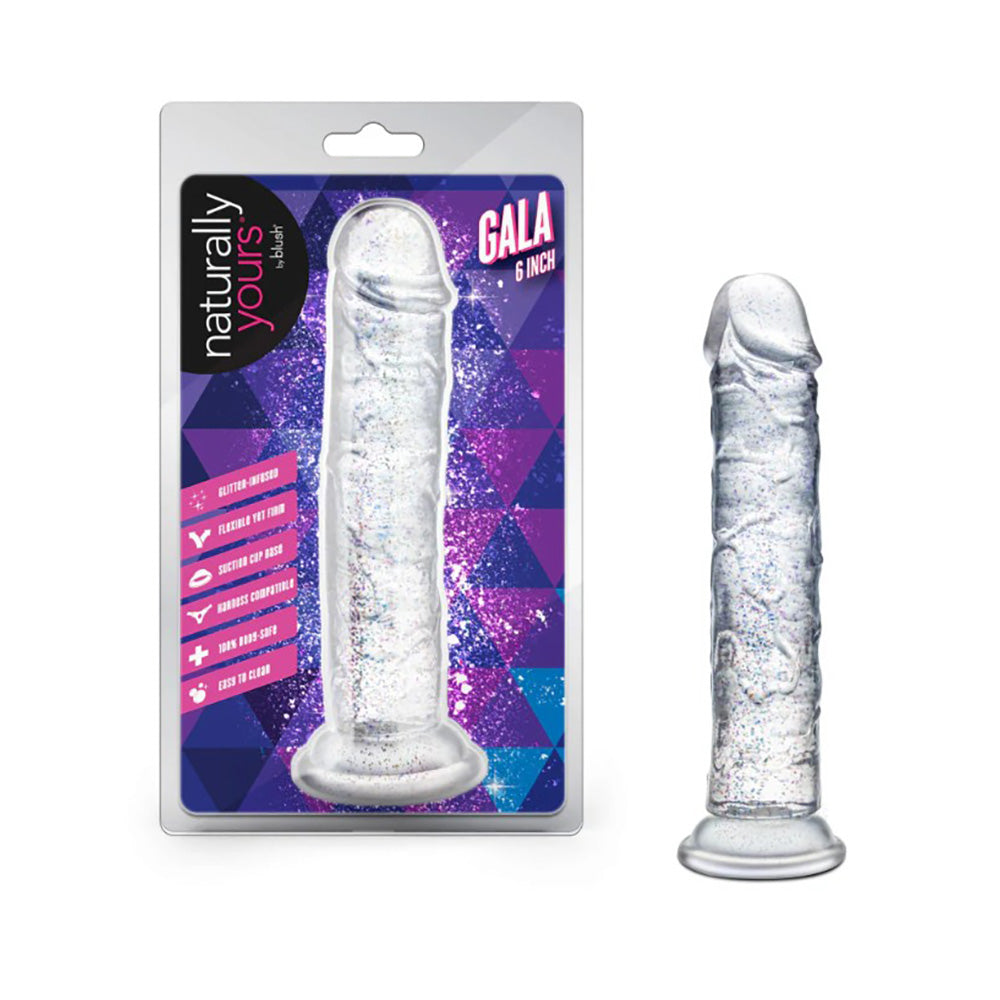 Clear 6-inch flexible suction cup dildo with sparkling glitter from Blush Novelties.