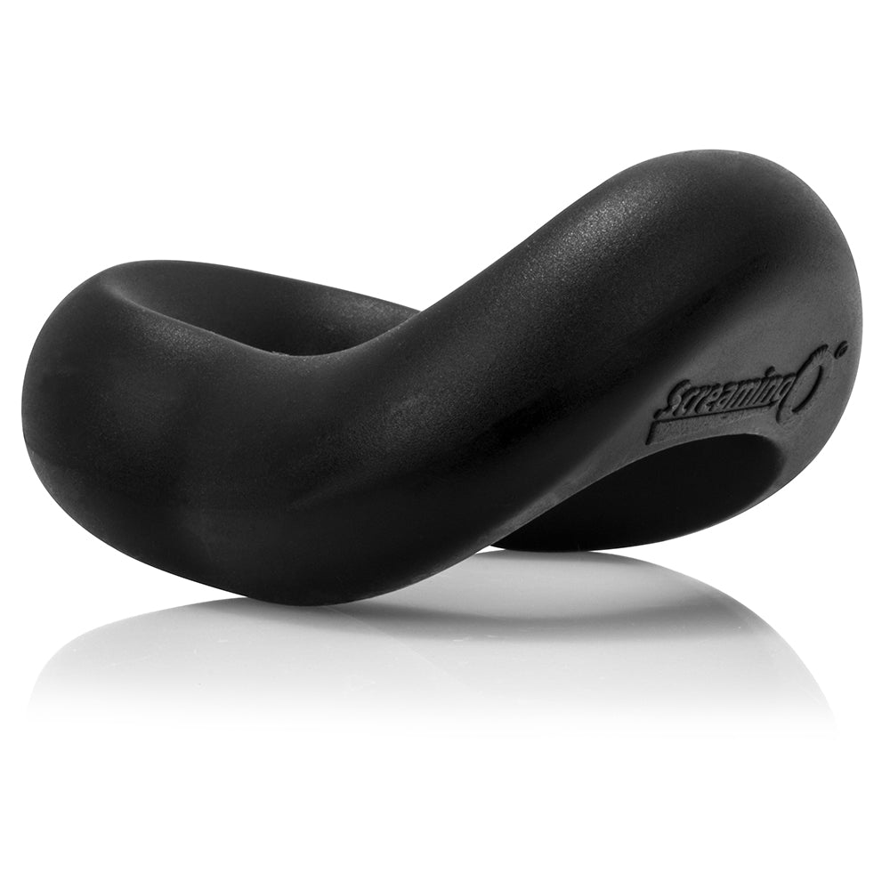 Curved black silicone cock ring with a reversible design.