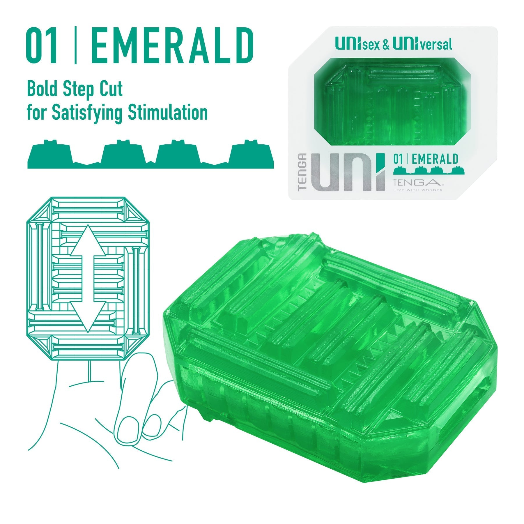 Green Tenga Uni Emerald pleasure sleeve with internal textures.