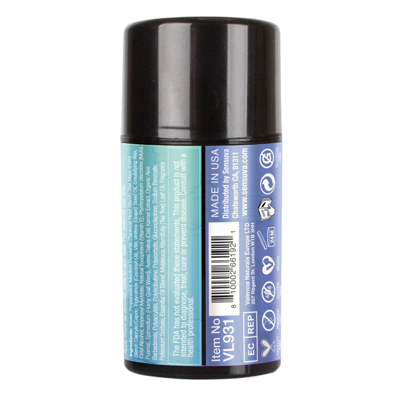 Sensuva body powder cream in a black bottle with ingredient and distribution information.