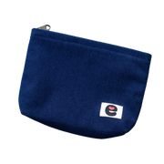 Midnight blue corduroy travel pouch with a small "e" logo.