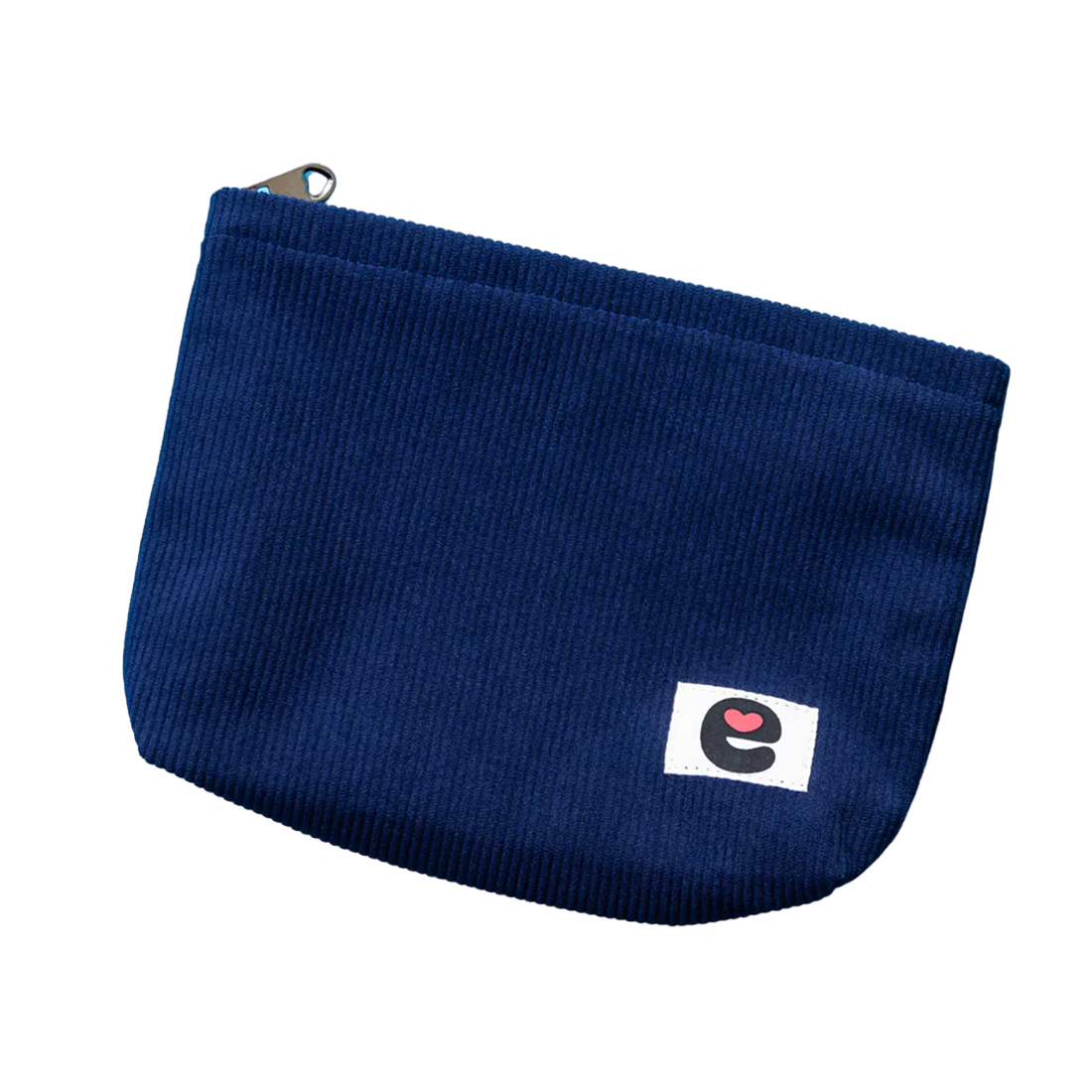 Midnight blue corduroy travel pouch with a small "e" logo.