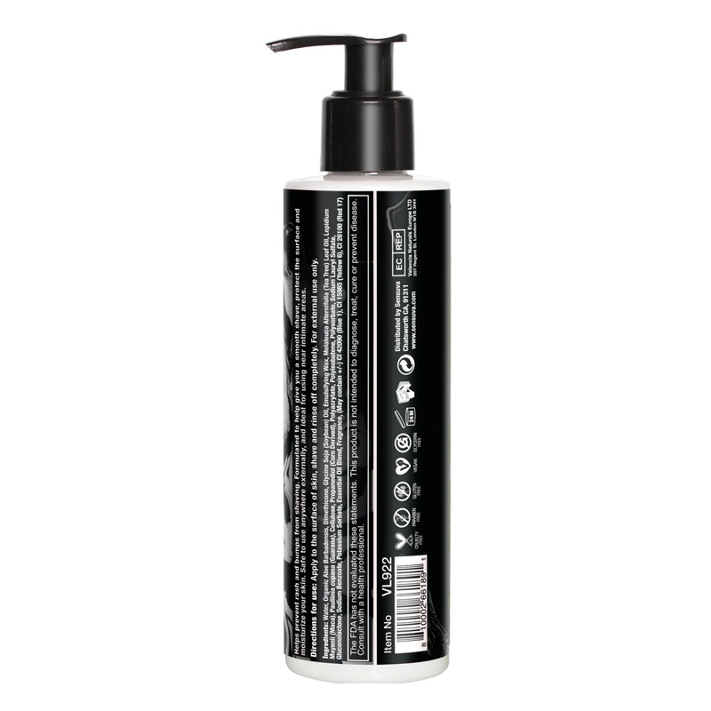 A bottle of Sensuva Dark Temptation moisturizing shaving cream with a black pump dispenser.