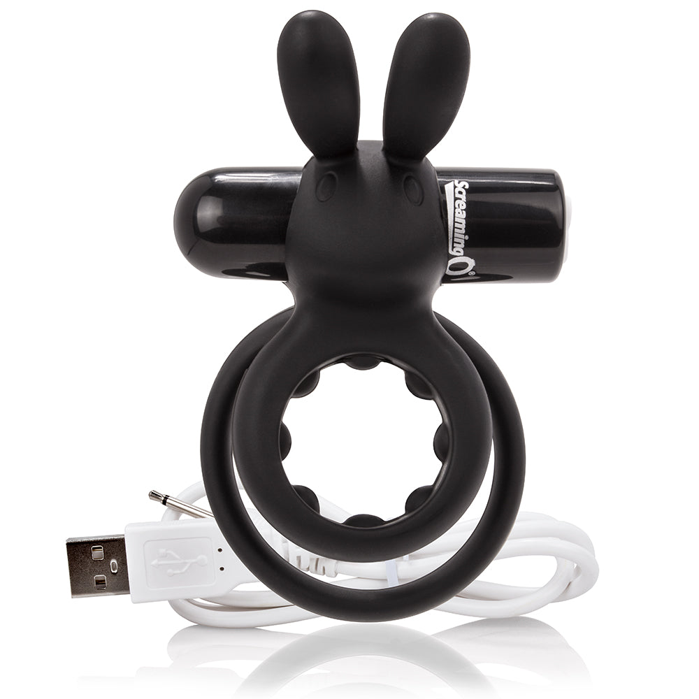 Black rechargeable mini bullet vibrator with rabbit ears and USB cable.