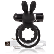 Black rechargeable mini bullet vibrator with rabbit ears and USB cable.