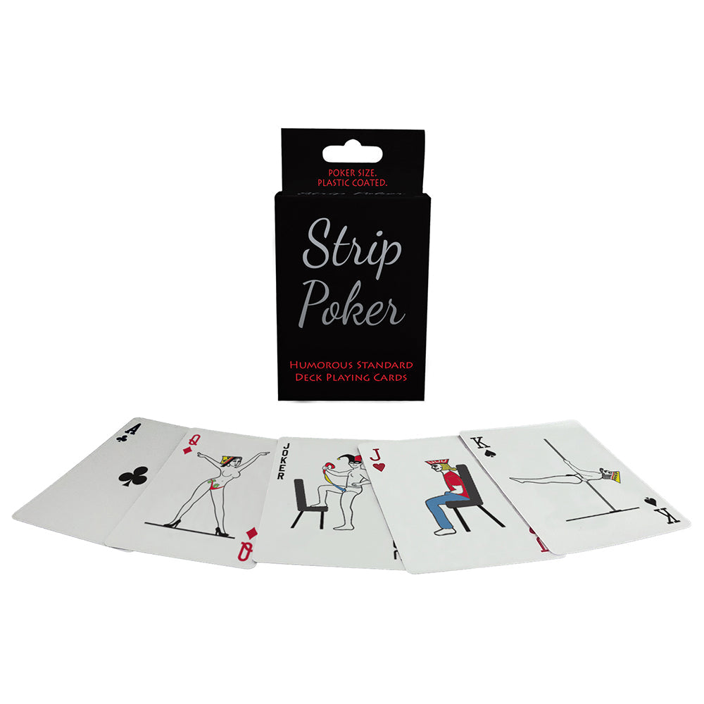 Strip Poker playing cards with humorous illustrations of people in various states of undress.