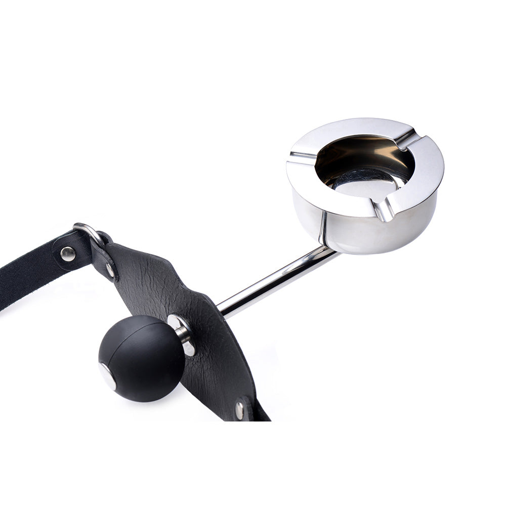 Leather ball gag with a detachable stainless steel ashtray.
