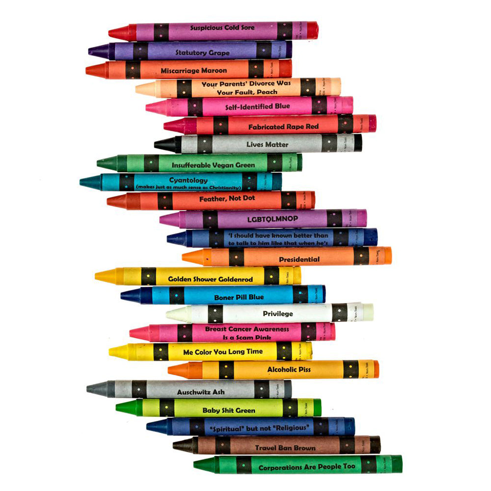 A pack of 24 assorted crayons with offensive and irreverent color names.
