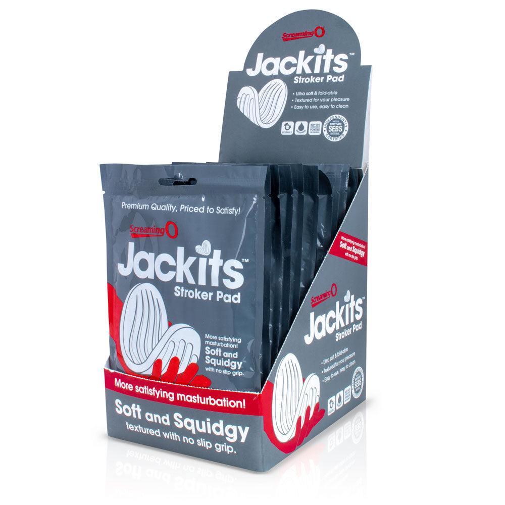 A display box of Screaming O Jackits stroker pads, featuring textured, soft, and foldable SEBS material.