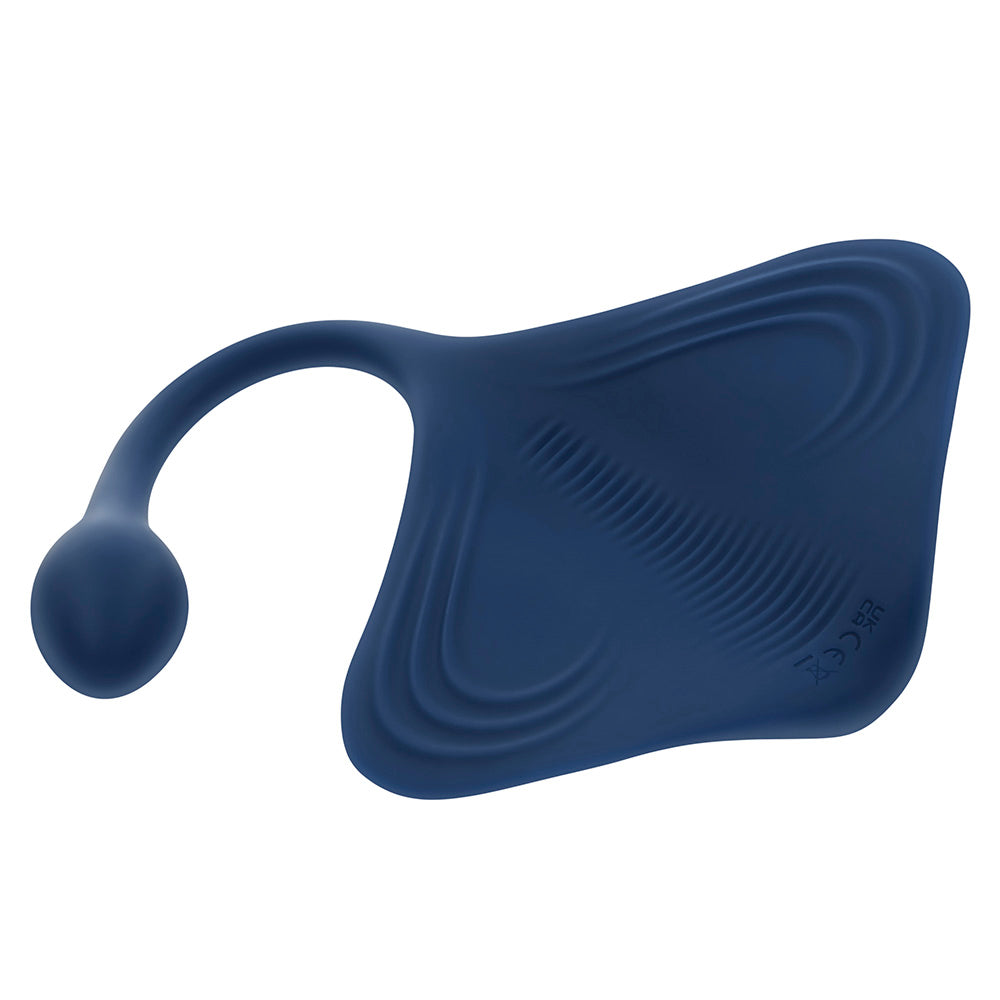 A navy blue silicone stingray-shaped toy with a curved tail and ball end.