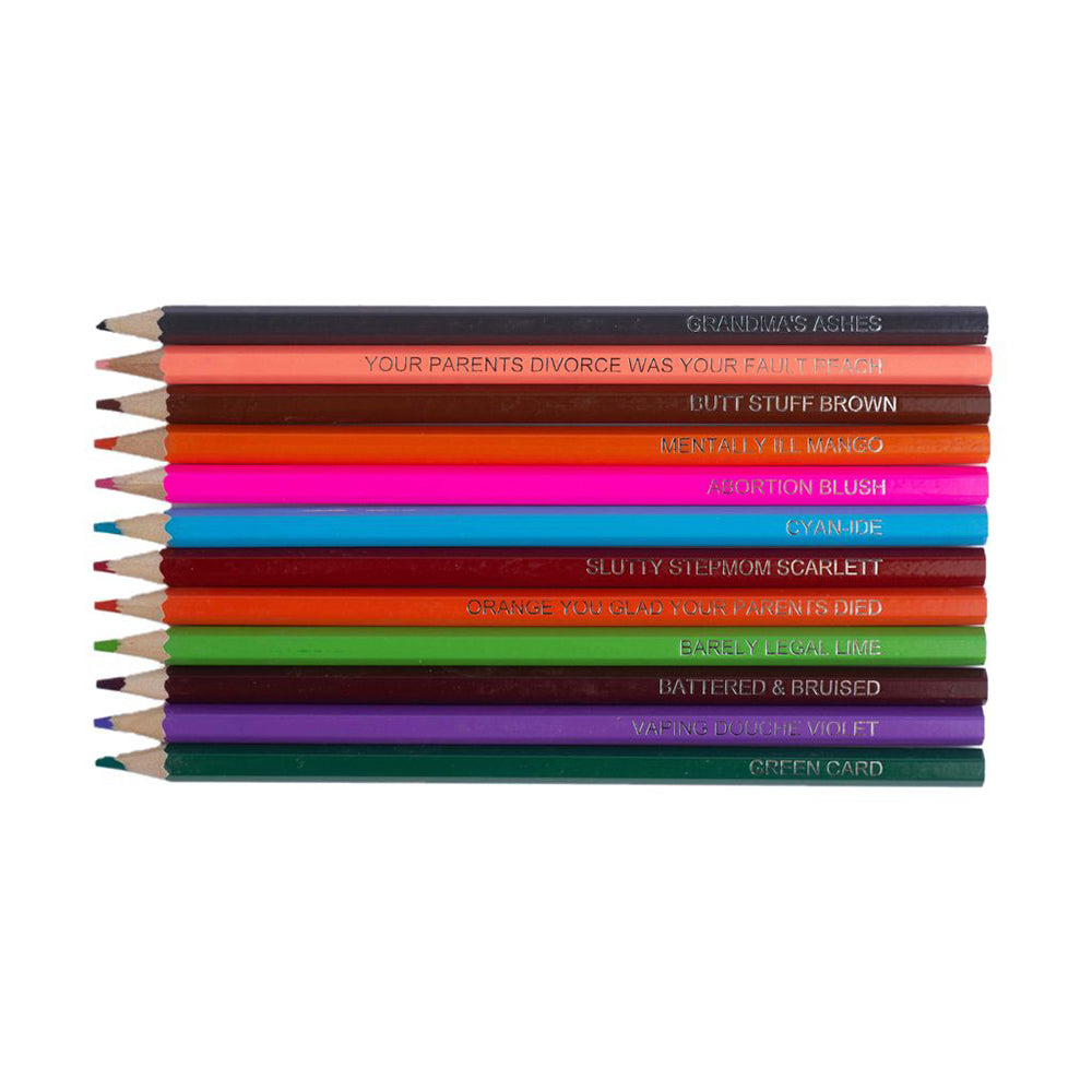 A set of 12 colored pencils with offensive names printed on them.