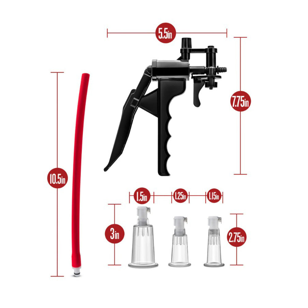 A pump system with a hose, trigger pump, and three cylinders of varying sizes.