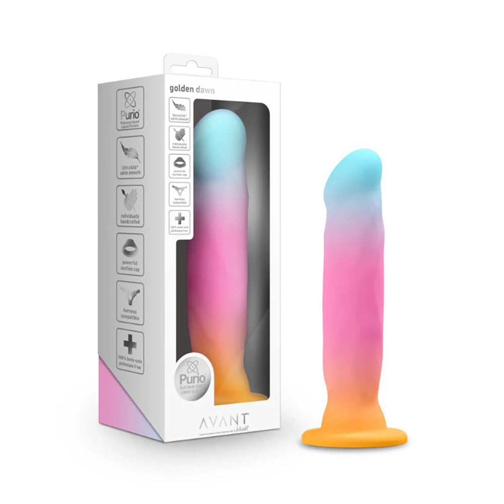 A gradient pink, blue, and orange silicone stimulator with a suction cup base.