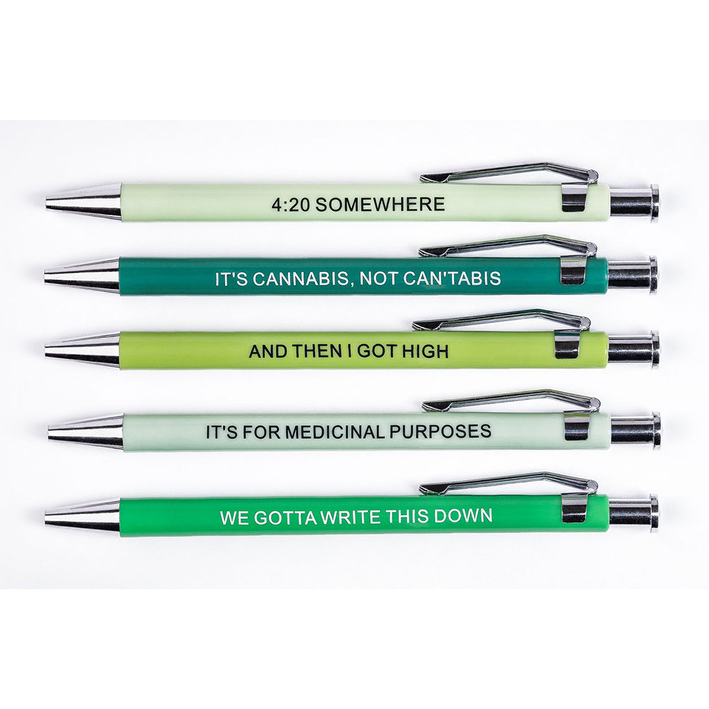 Five novelty pens with cannabis-themed phrases.